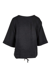 Product shot of the Studio Linen Button Top Jacket – Black in colour Black, from the back