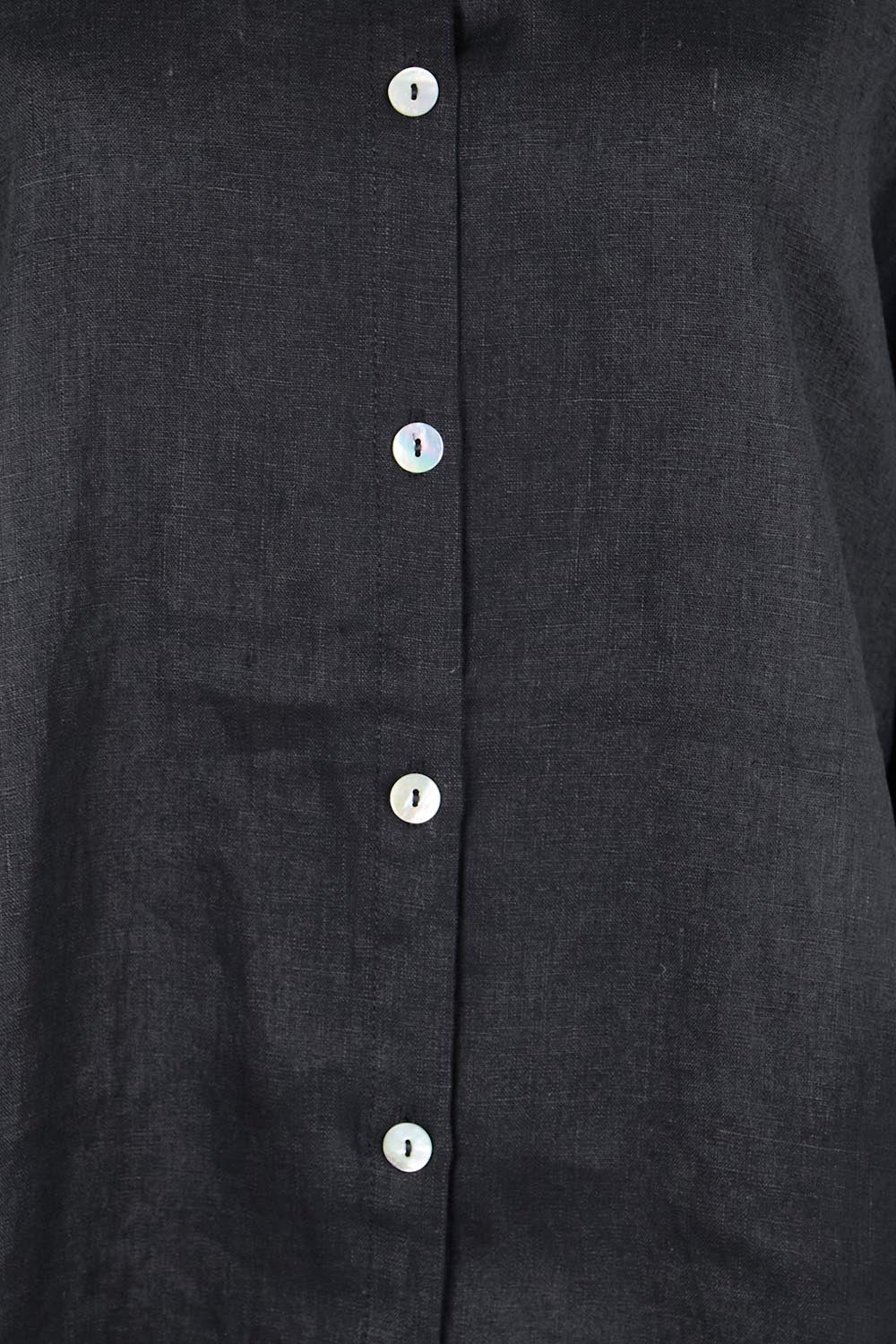 Product shot of the Studio Linen Button Top Jacket – Black in colour Black, showing detail