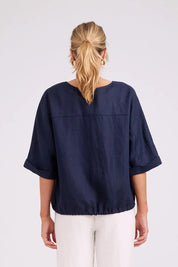 Model Genericm wearing size sample of the Studio Linen Button Top Jacket – Navy in colour Navy, from the back