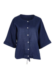 Product shot of the Studio Linen Button Top Jacket – Navy in colour Navy, from the front