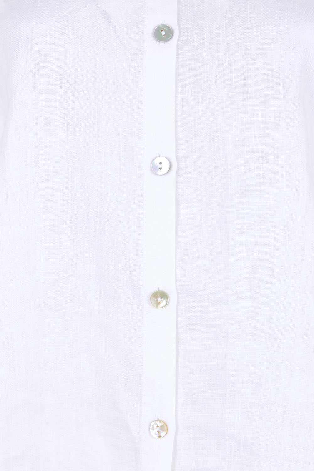 Product shot of the Studio Linen Button Top Jacket – White in colour White, showing detail