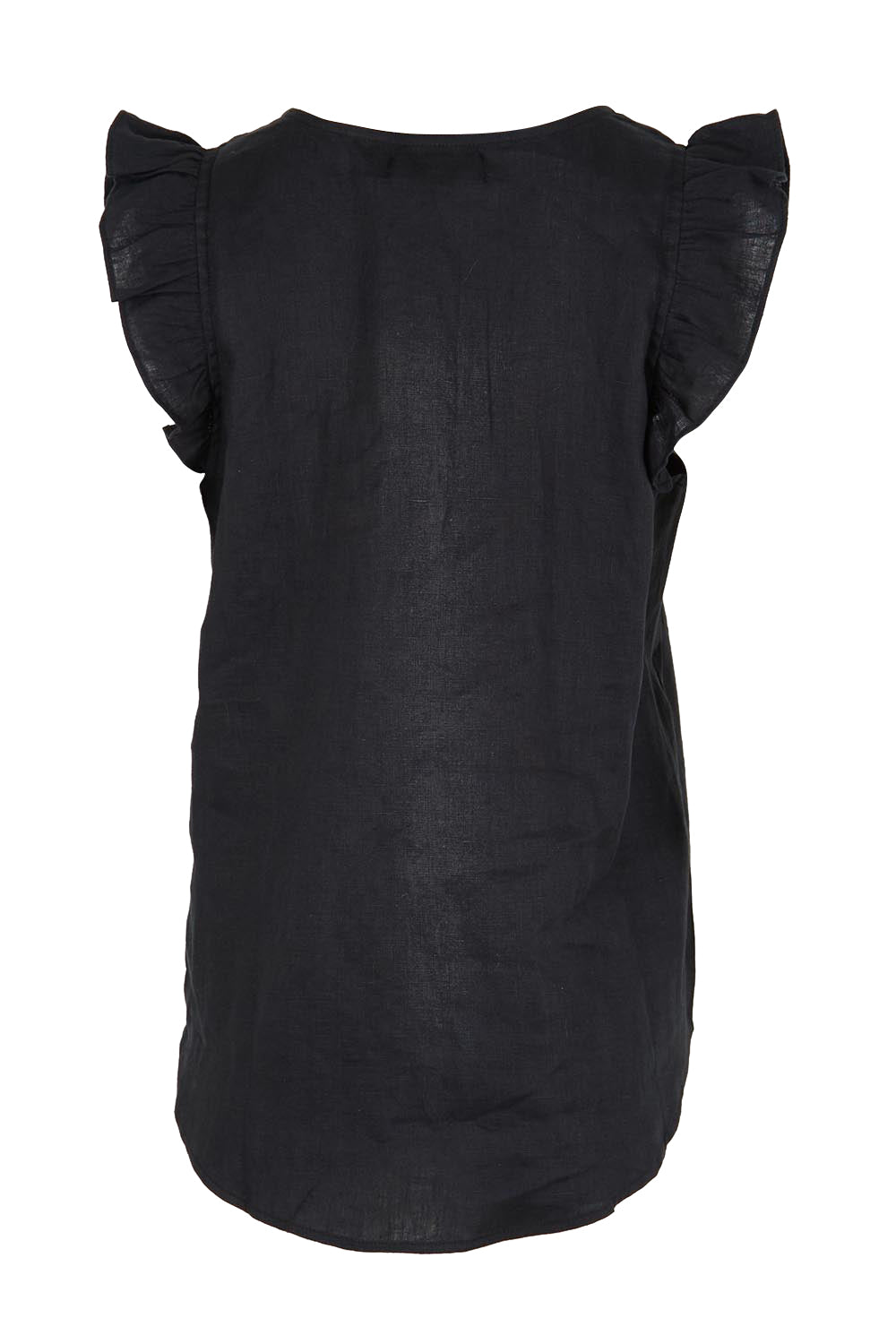 Product shot of the Studio Linen Frill Tank – Black in colour Black, from the back