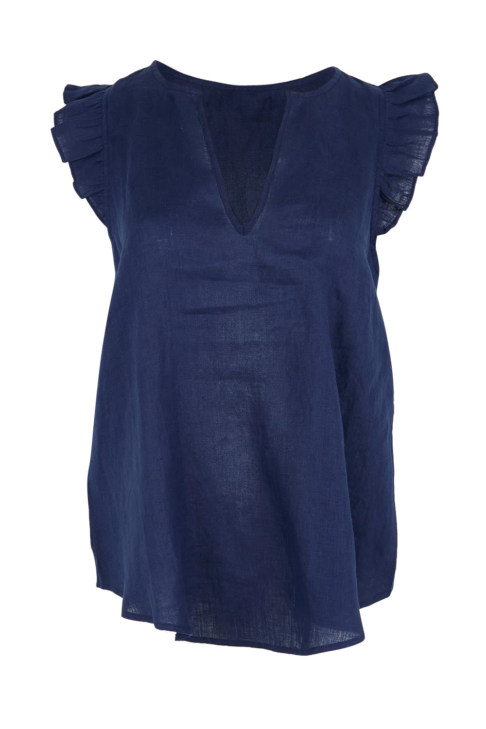 Product shot of the Studio Linen Frill Tank – Navy in colour Navy, from the front