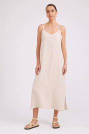 Model Genericm wearing size sample of the Studio Linen Tank Maxi Dress – Tusk in colour Tusk, from the front