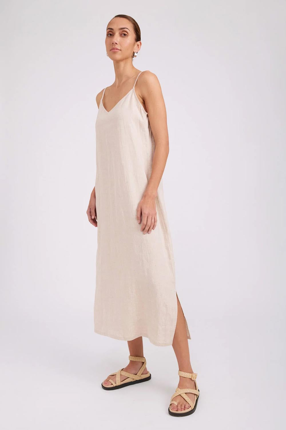 Model Genericm wearing size sample of the Studio Linen Tank Maxi Dress – Tusk in colour Tusk, from the front