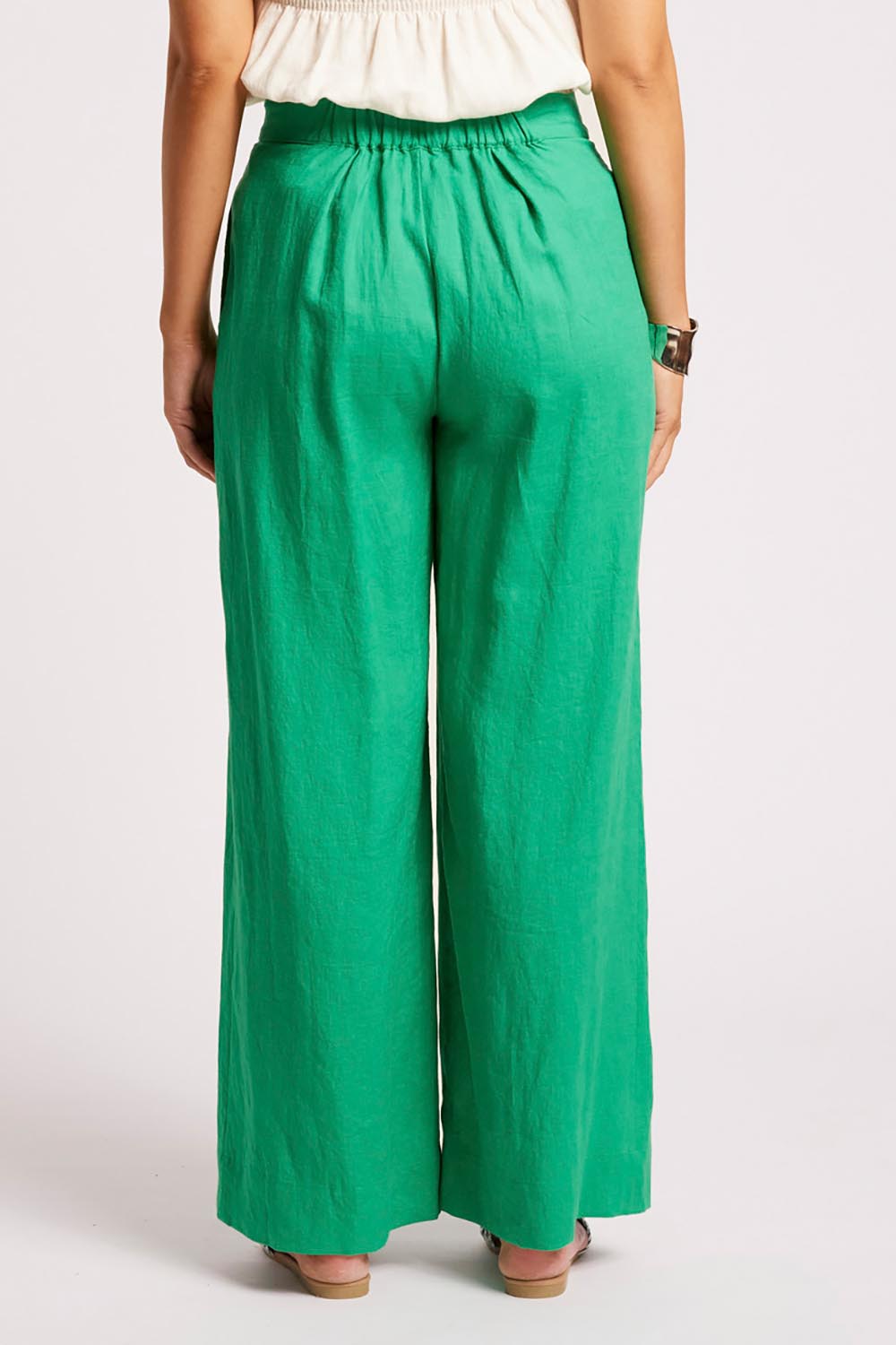 Model Genericm wearing size sample of the Cove Palazzo Pant – Jade in colour Jade, from the back