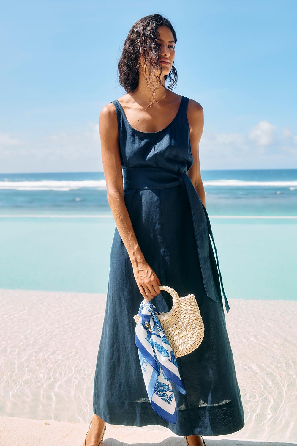Model Genericm wearing size sample of the Cove Tank Maxi Dress – Indigo in colour Indigo, from the front