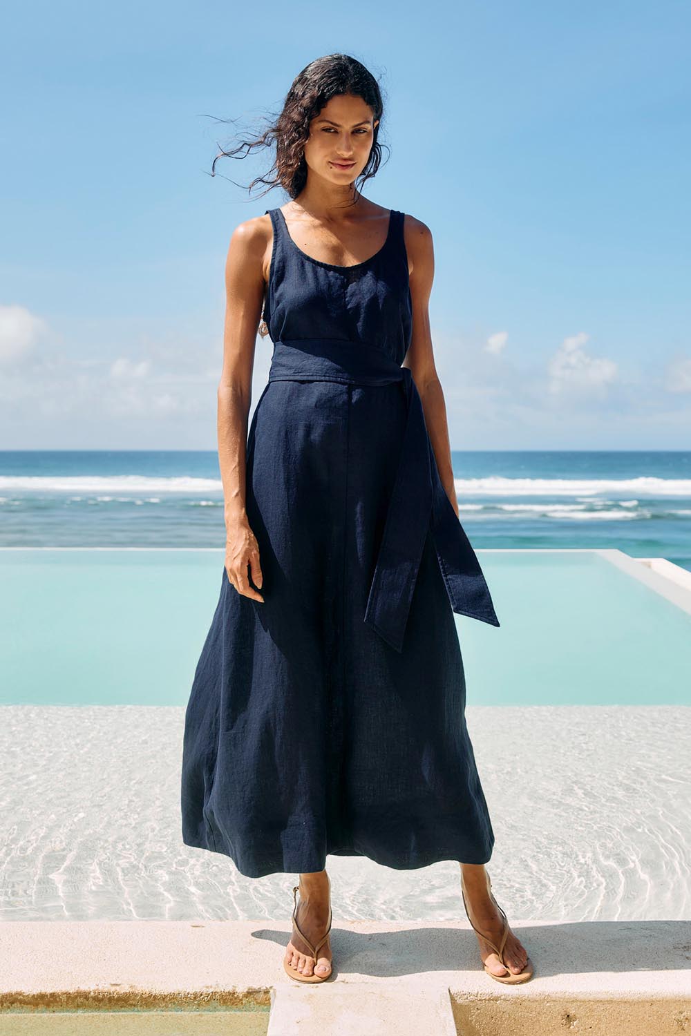 Model Genericm wearing size sample of the Cove Tank Linen Maxi Dress – Indigo in colour Indigo, from the front