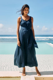 Model Genericm wearing size sample of the Cove Tank Maxi Dress – Indigo in colour Indigo, from the front