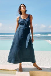 Model Genericm wearing size sample of the Cove Tank Maxi Dress – Indigo in colour Indigo, from the front