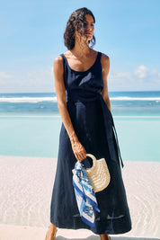 Model Genericm wearing size sample of the Cove Tank Linen Maxi Dress – Indigo in colour Indigo, from the front