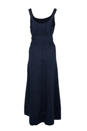 Product shot of the Cove Tank Linen Maxi Dress – Indigo in colour Indigo, from the back