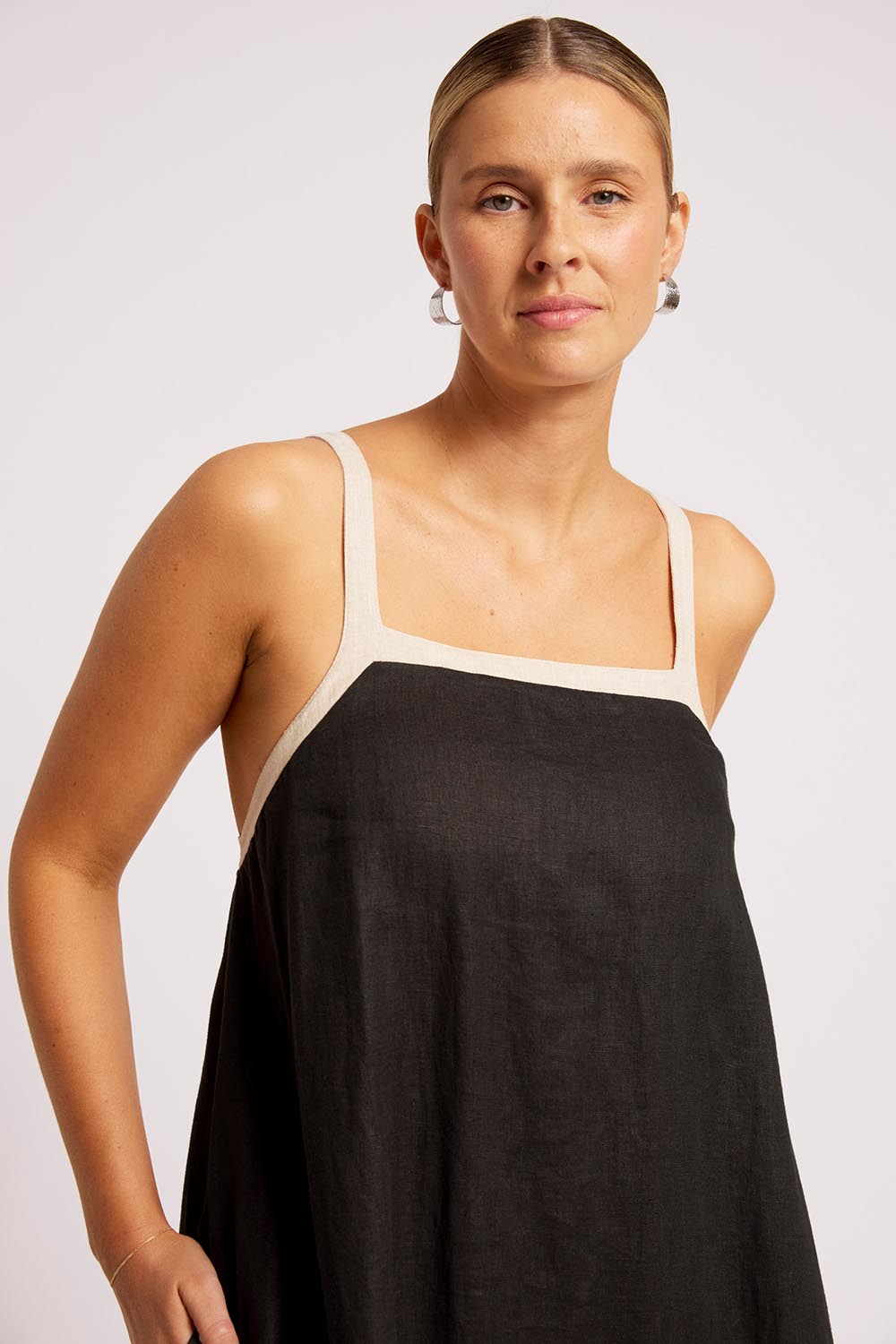 Model Genericm wearing size sample of the Maris Splice Tank Maxi Dress – Blacktusk in colour Blacktusk, in a cropped view