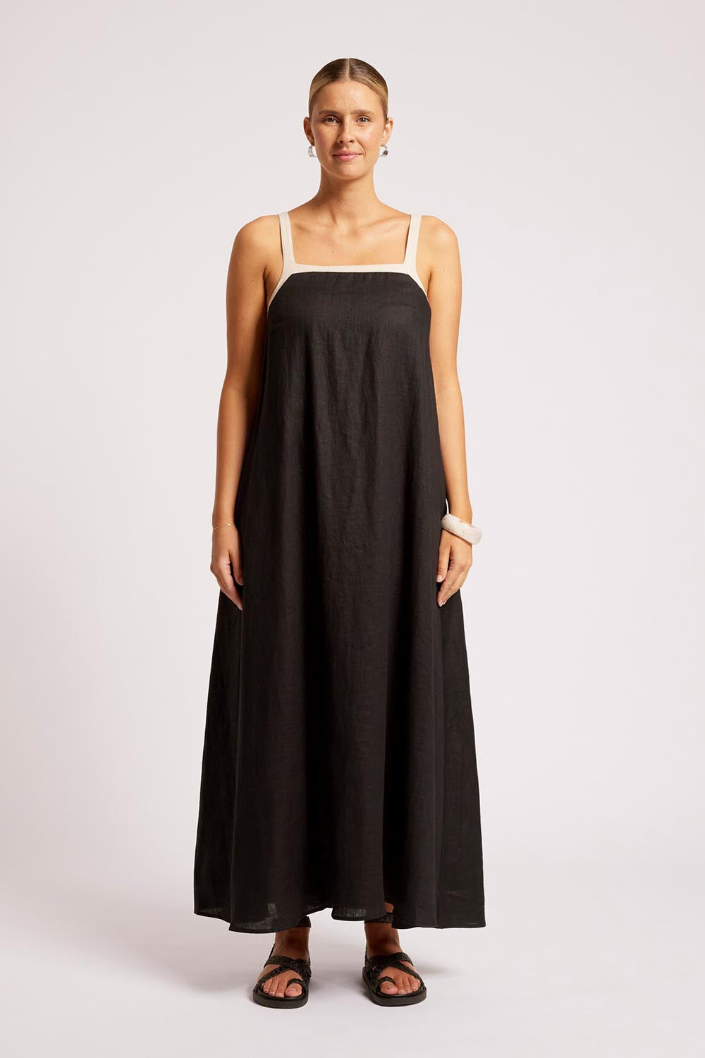 Model Genericm wearing size sample of the Maris Splice Tank Maxi Dress – Blacktusk in colour Blacktusk, from the front