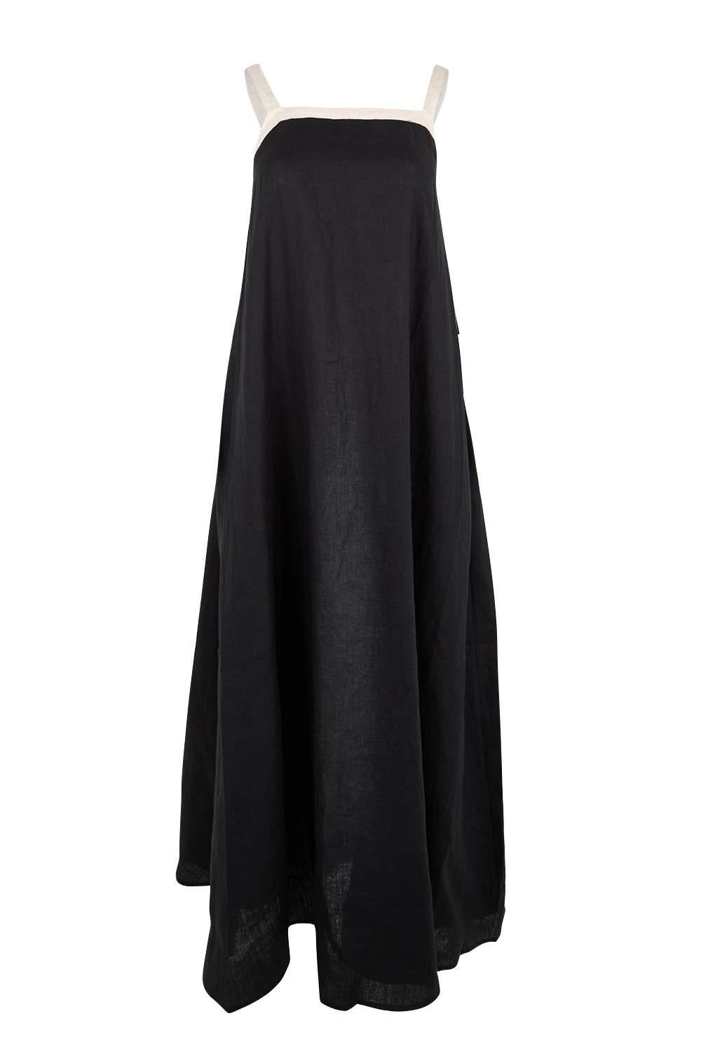 Product shot of the Maris Splice Tank Linen Maxi Dress – Blacktusk in colour Blacktusk, from the front