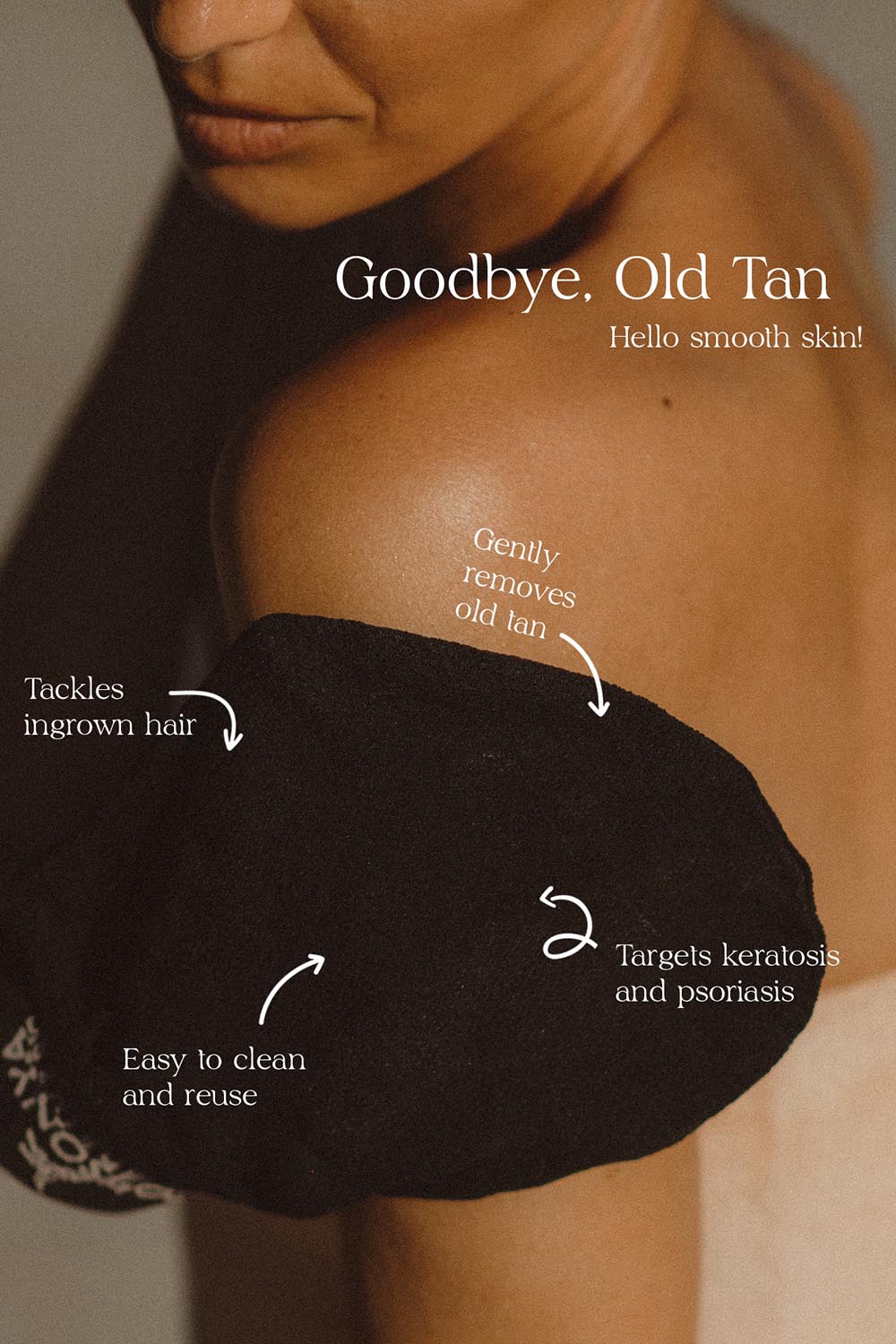 A model wearing the Tan Remover Glove in colour Natural, from the front, showing the whole outfit