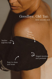 A model wearing the Tan Remover Glove in colour Natural, from the front, showing the whole outfit