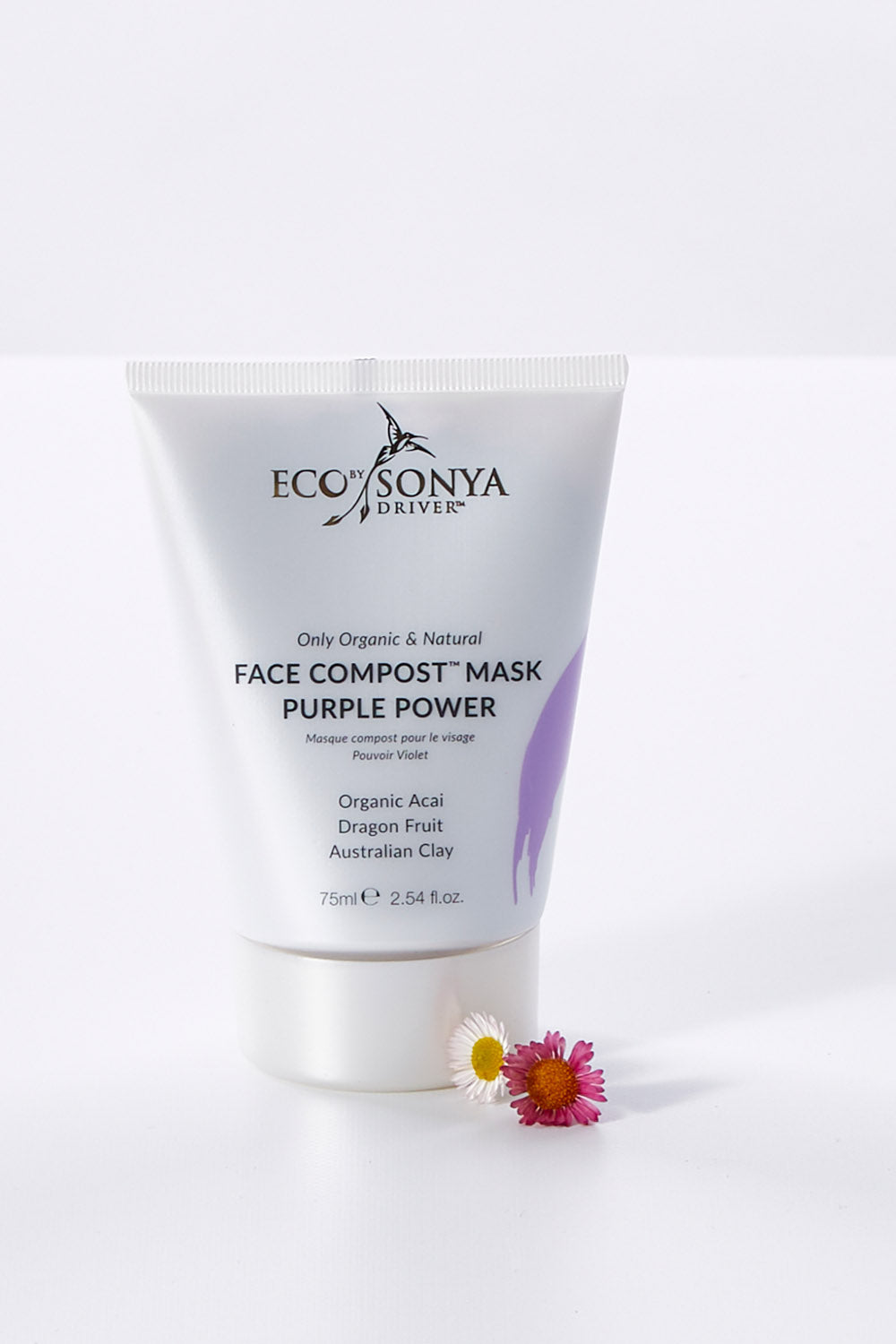A model wearing size OneSize of the Face Compost Purple Power Mask in colour Natural, from the front, showing the whole outfit