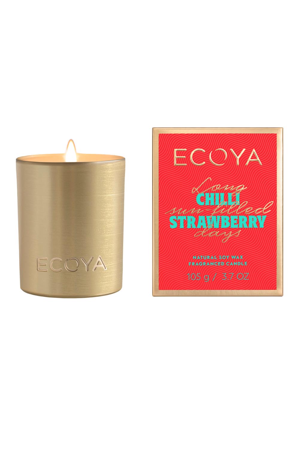 Product shot of the Mini Goldie Candle in colour Strawberry (Red), from the front
