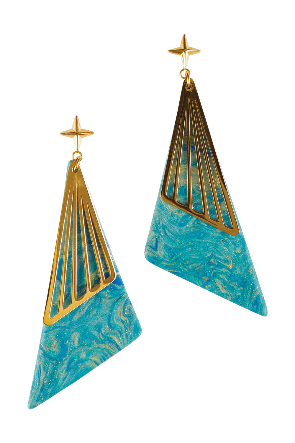 Product shot of the Parting Waters Drop Earring in colour Bluegold (Metallics), from the front