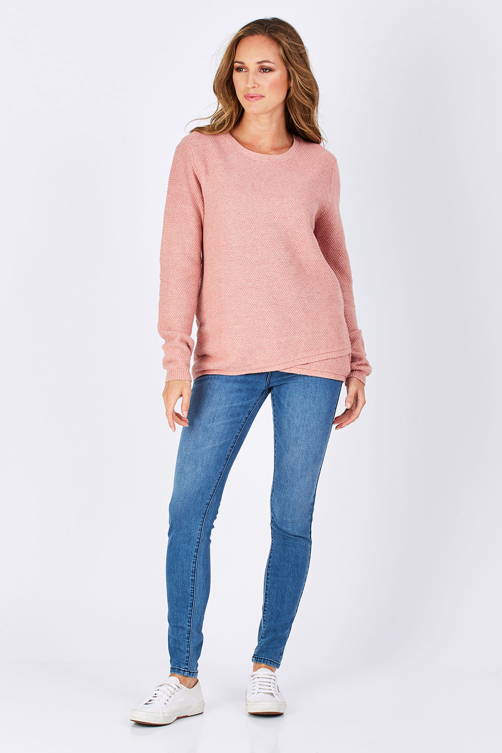 Model Emma wearing size 10 of the Maple Knit in colour PinkMarle (Pink), from the front, showing the whole outfit