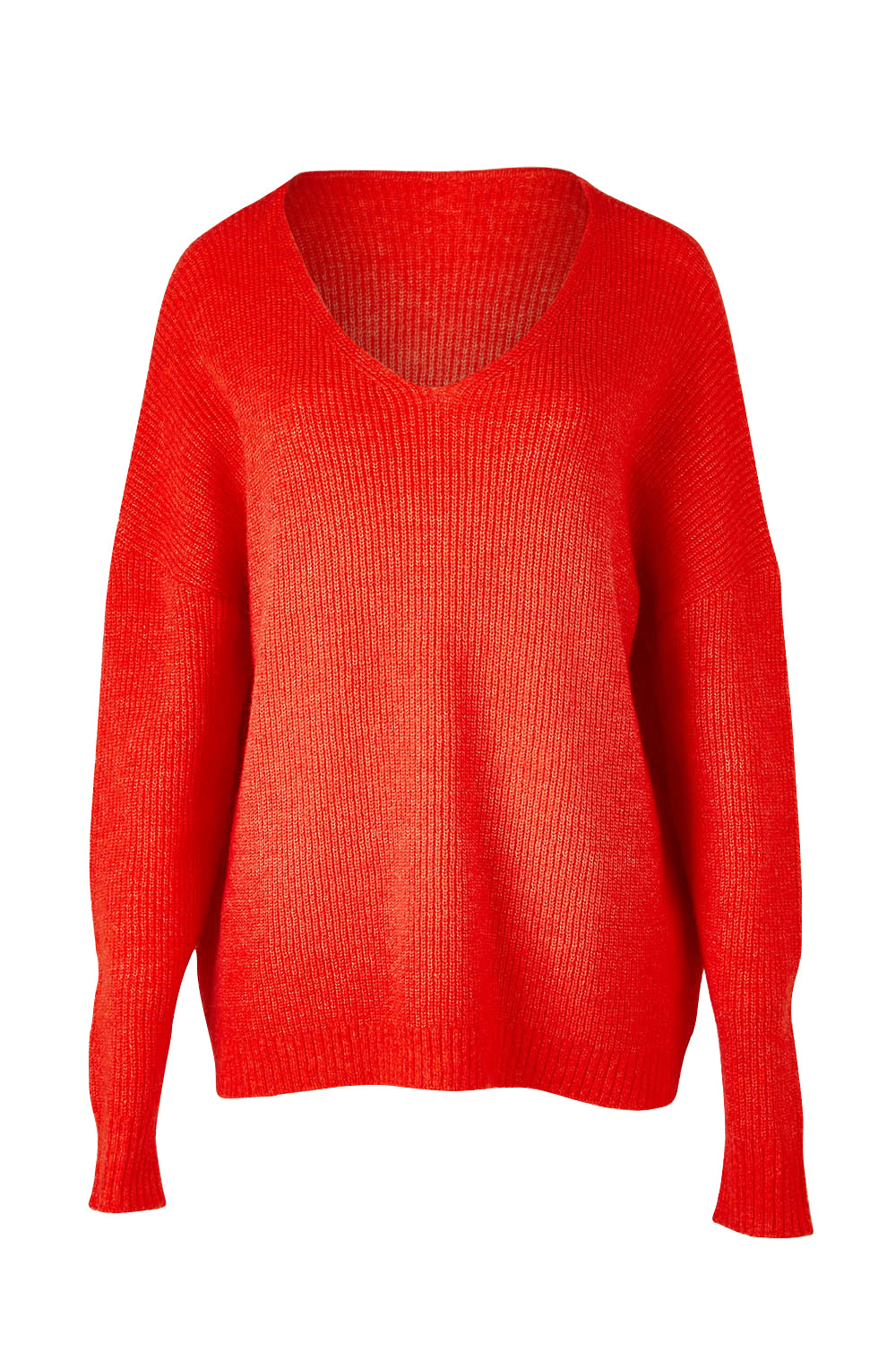 Product shot of the Verity V Neck Knit in colour Tangello (Red), from the front
