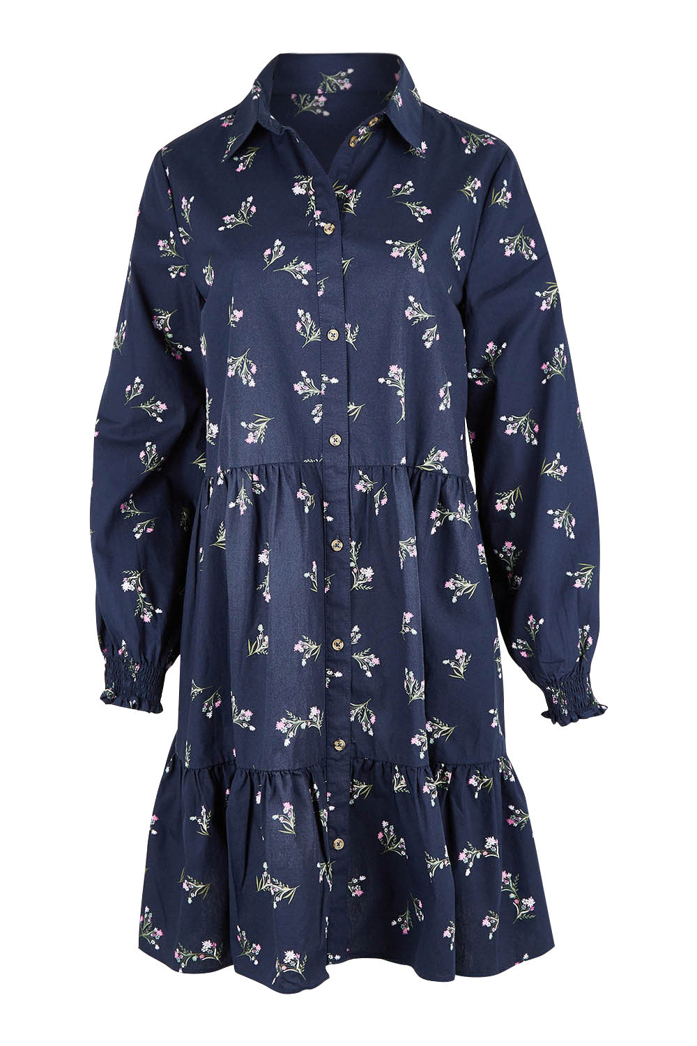 Product shot of the Jolie Floral Shirt Dress in colour Navyfloral (Blue), from the front