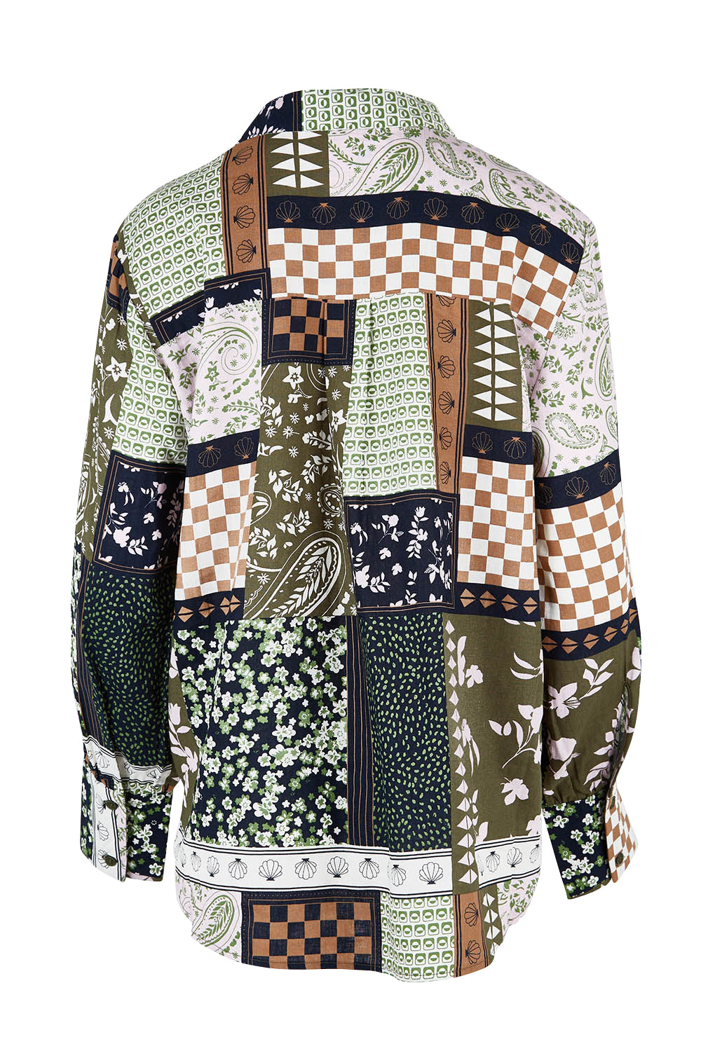 Product shot of the Vetiver Patchwork Shirt in colour Patchwork (Green), from the back