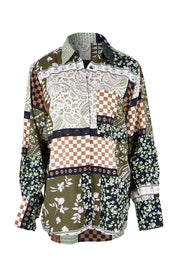 Product shot of the Vetiver Patchwork Shirt in colour Patchwork (Green), from the front