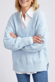 A model wearing the Tallulah Cable Knit in colour Bluemist (Blue), from the front, cropped image