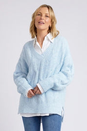 A model wearing the Tallulah Cable Knit in colour Bluemist (Blue), from the front, cropped image