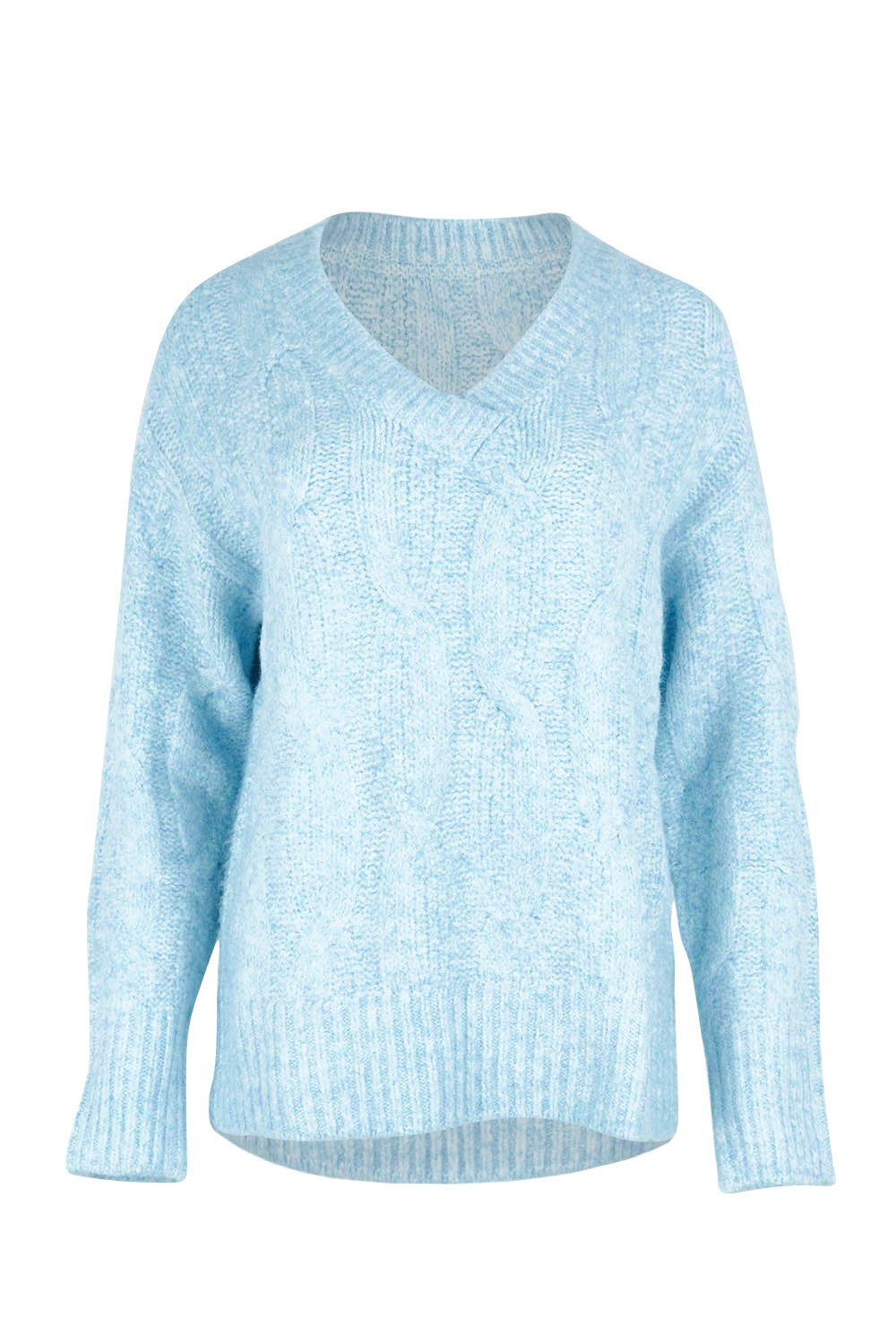 Product shot of the Tallulah Cable Knit in colour Bluemist (Blue), from the front