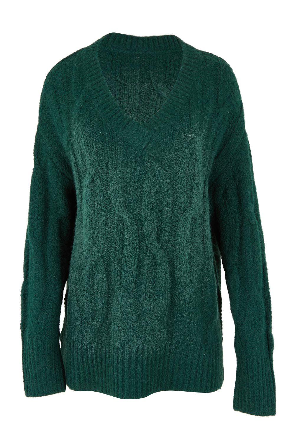 Product shot of the Tallulah Cable Knit in colour Drkgreen (Green), from the front