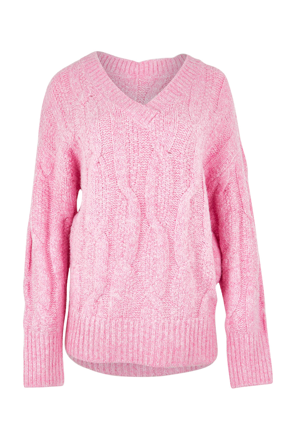 Product shot of the Tallulah Cable Knit in colour Pinkger (Pink), from the front