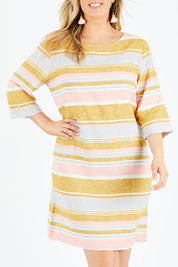 Model Jess wearing size 14 of the Juniper Stripe Dress in colour Multistrip (Pink), from the front, cropped image