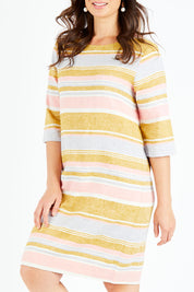 Model Shadae wearing size 10 of the Juniper Stripe Dress in colour Multistrip (Pink), from the front, cropped image