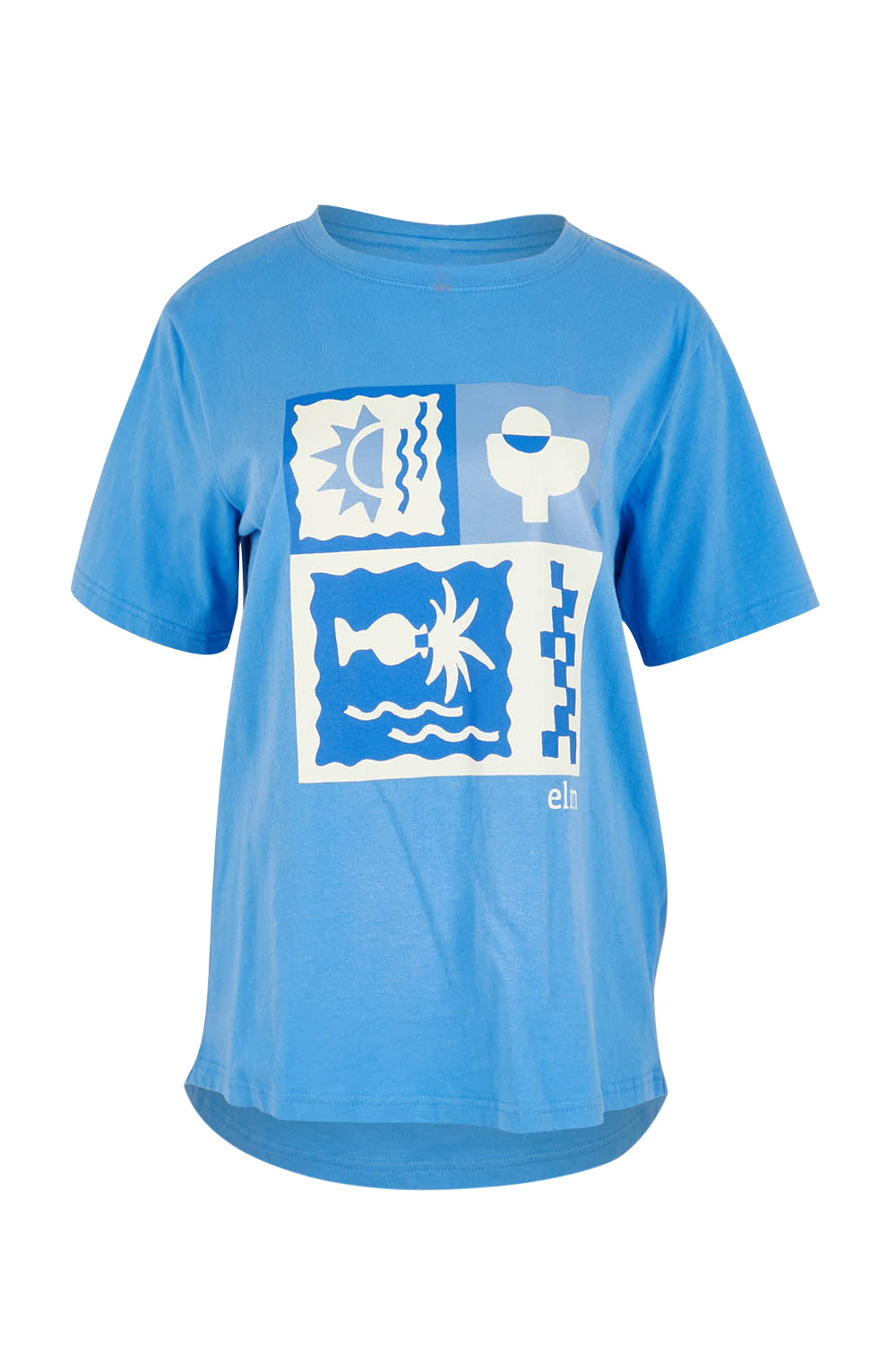 Product shot of the Holiday Sun Tee in colour Cerulean (Blue), from the front