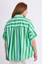 Model Genericm wearing size sample of the Palermo Stripe Shirt – Greenblue in colour Greenblue, from an angle