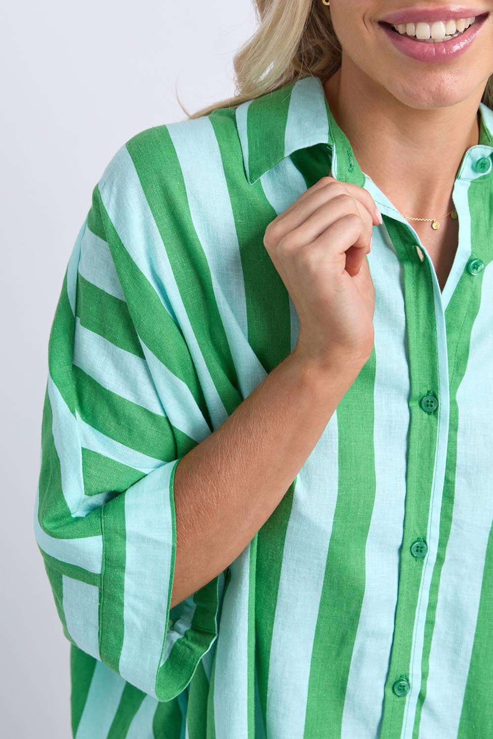 Model Genericm wearing size sample of the Palermo Stripe Shirt – Greenblue in colour Greenblue, in a cropped view