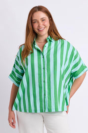 Model Genericm wearing size sample of the Palermo Stripe Shirt – Greenblue in colour Greenblue, in a cropped view
