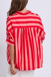 A model wearing the Palermo Linen Blend Stripe Shirt in colour Poppy, from the back