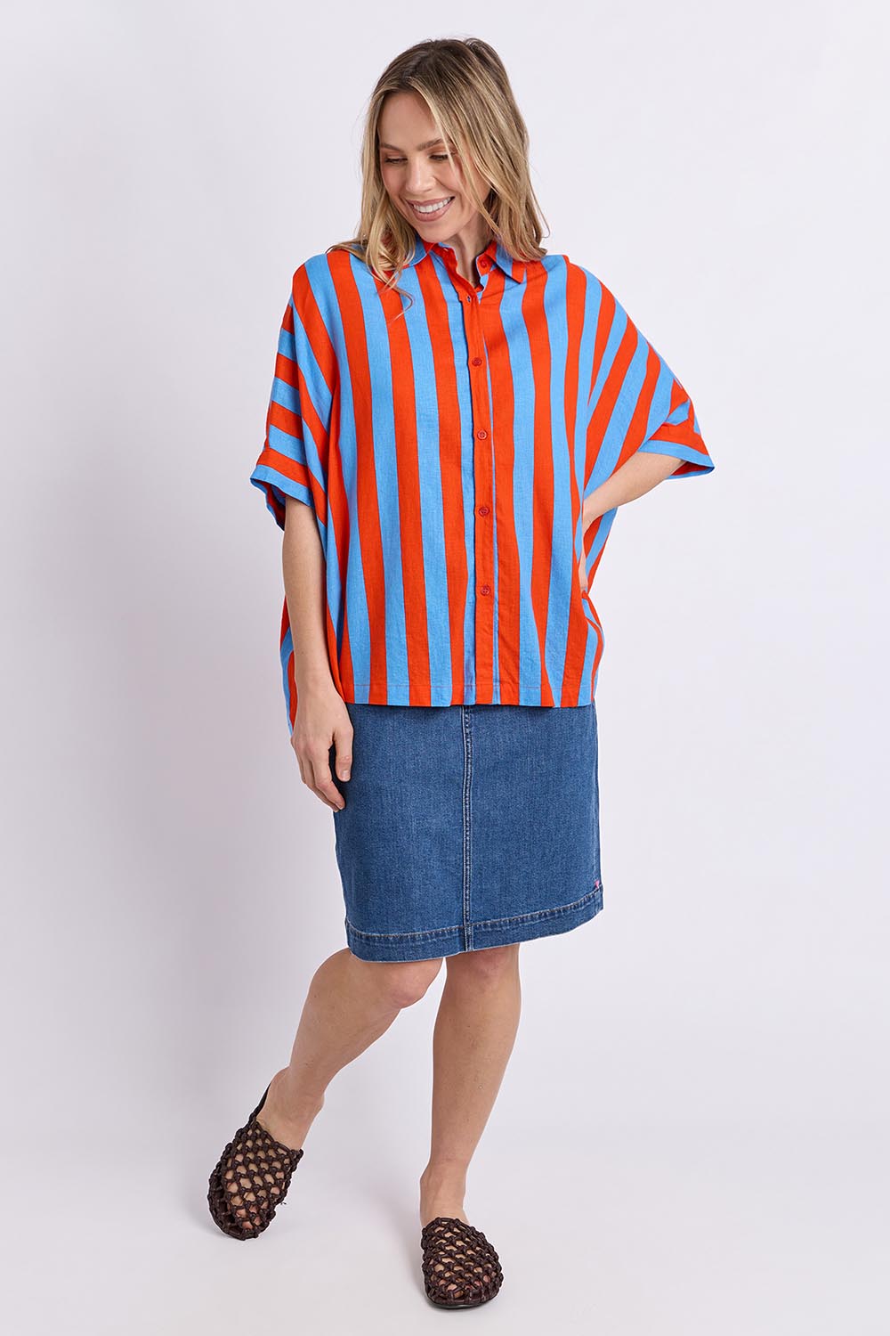 Model Genericm wearing size sample of the Palermo Stripe Shirt – Tangblue in colour Tangblue, from the front