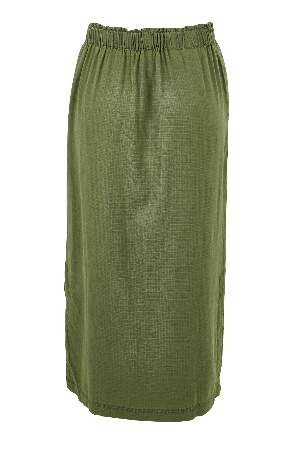 Product shot of the Mila Utility Skirt in colour Clover (Green), from the back