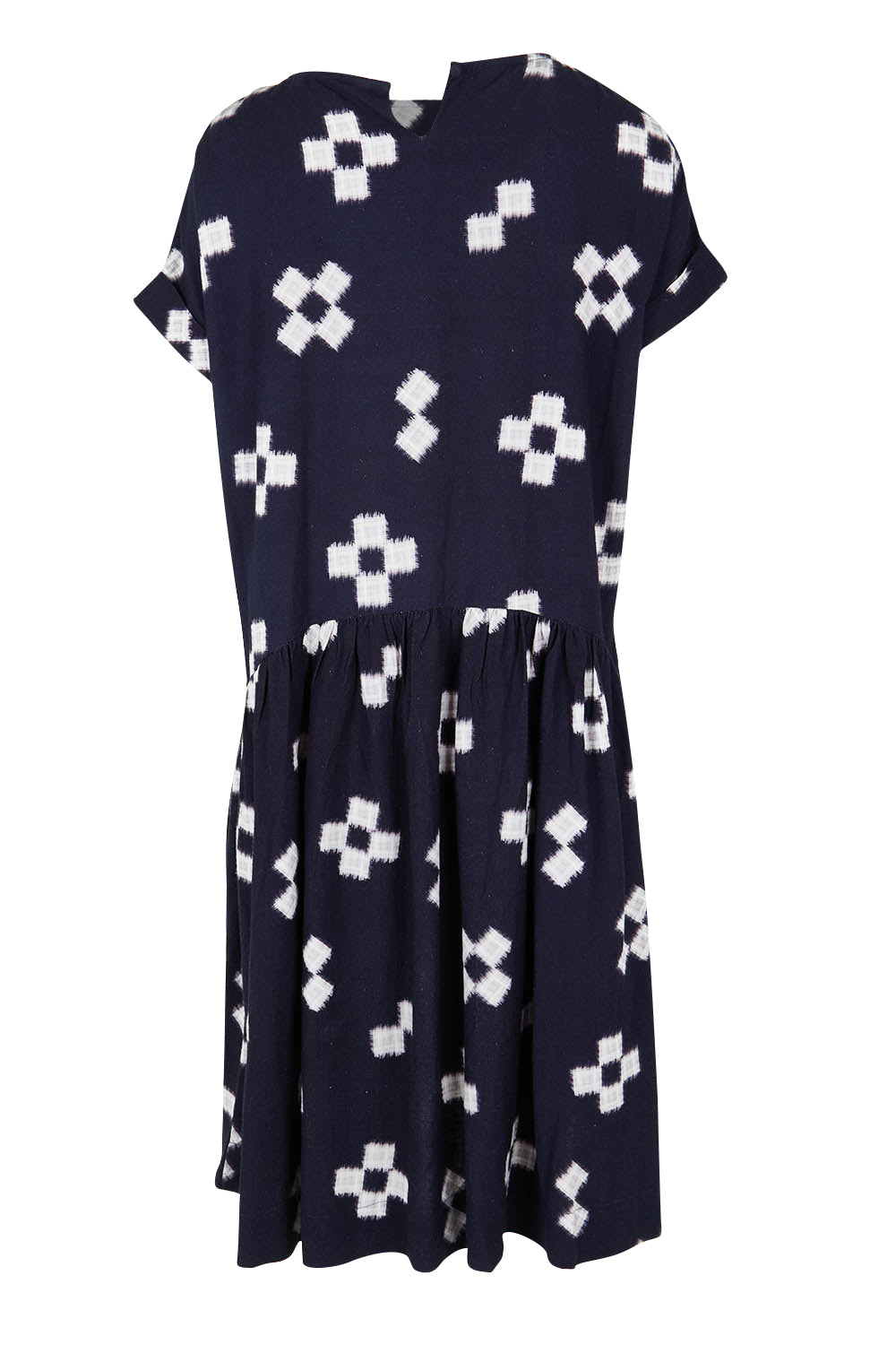 Product shot of the Positano Linen Blend Dress in colour Navyprint (Blue), from the back