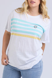 A model wearing the Line Up Tee in colour Marshmello (White), from the front, cropped image