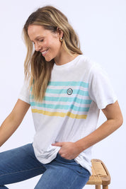 A model wearing the Line Up Tee in colour Marshmello (White), from the front, cropped image
