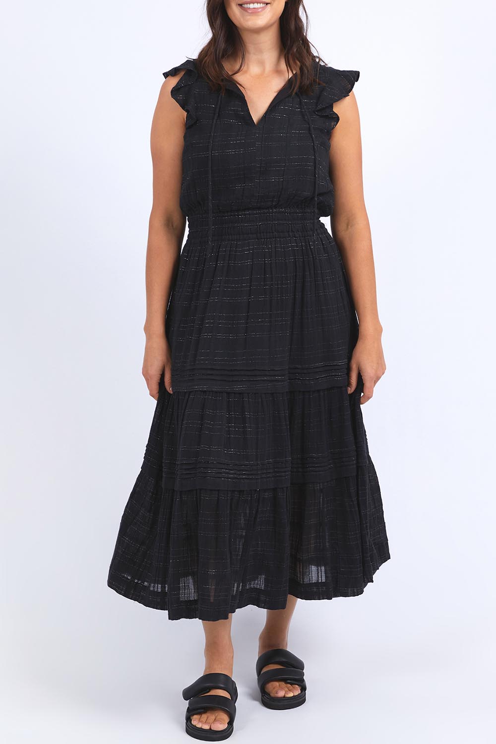 A model wearing the Isabella Cotton Blend Dress in colour Black (Black), from the front, cropped image