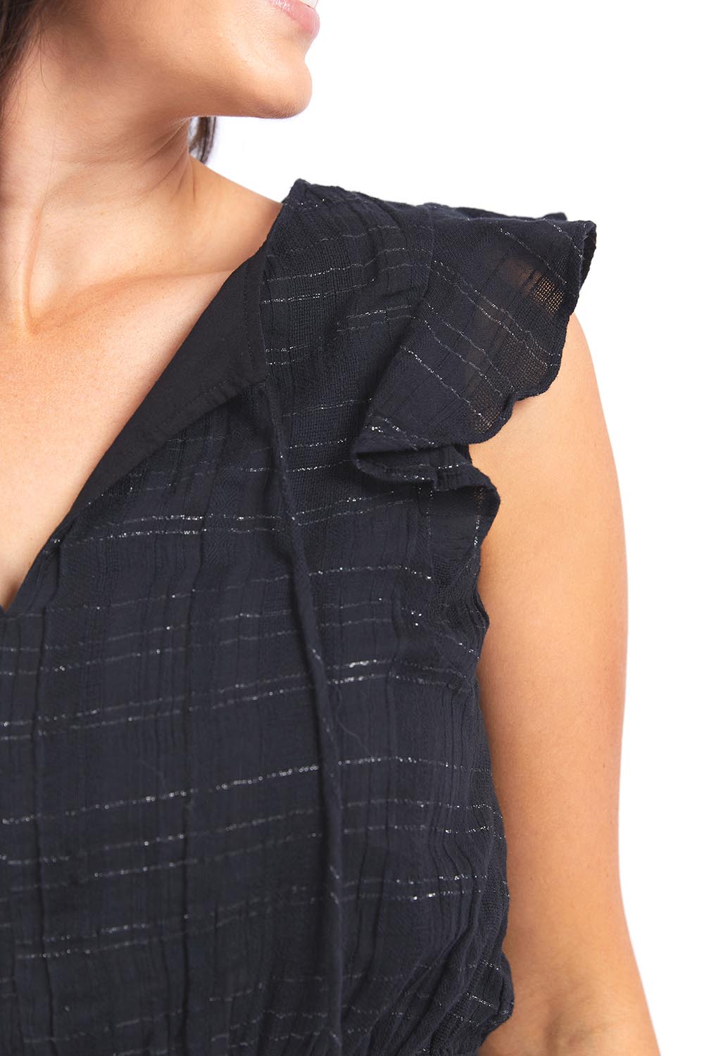 A model wearing the Isabella Cotton Blend Dress in colour Black (Black), from the front, cropped image