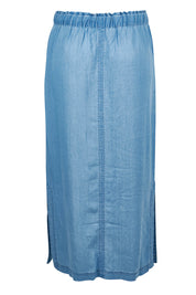 Product shot of the Penny Chambray Utility Skirt in colour Midblue (Blue), from the back