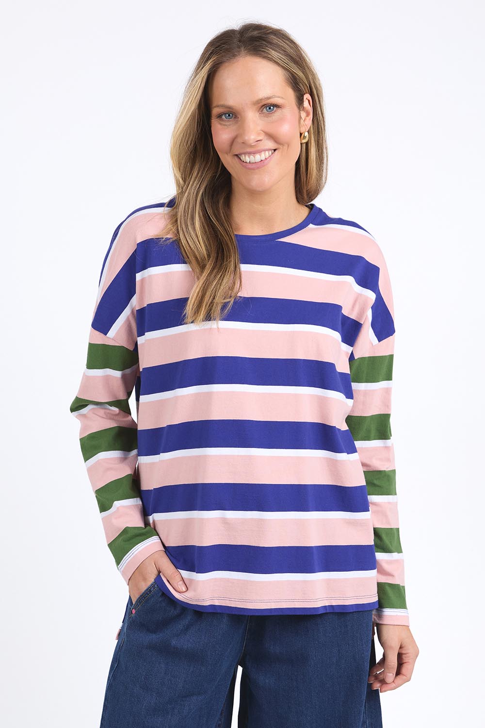 A model wearing the Ribbon Long Sleeve Cotton Tee in colour Pinkblue, from the front, cropped image
